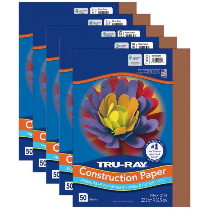 Tru-Ray® Construction Paper, Heavyweight, Warm Brown, 9" x 12", 50 Sheets Per Pack, 5 Packs