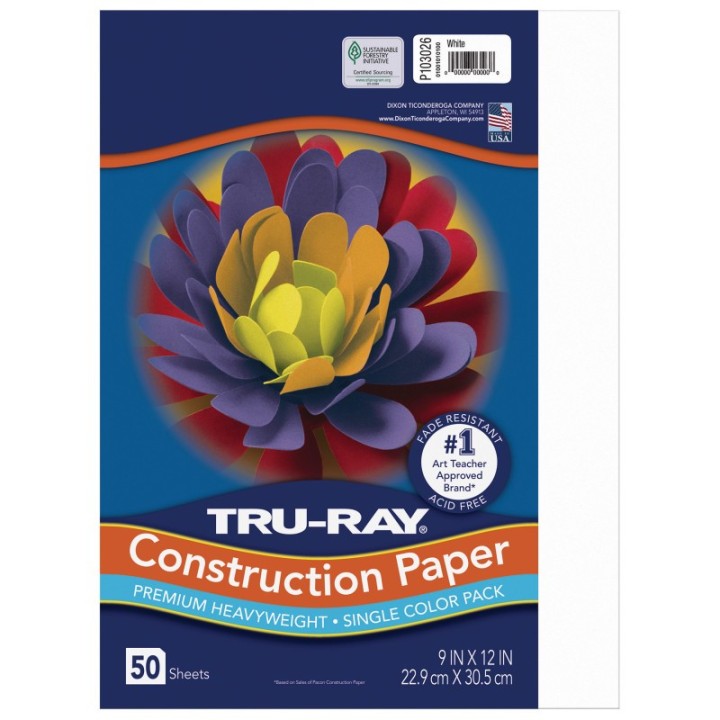 Tru-Ray® Construction Paper, Heavyweight, White, 9" x 12", 50 Sheets