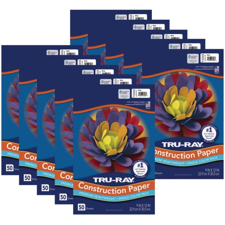 Tru-Ray® Construction Paper, Heavyweight, White, 9" x 12", 50 Sheets Per Pack, 10 Packs