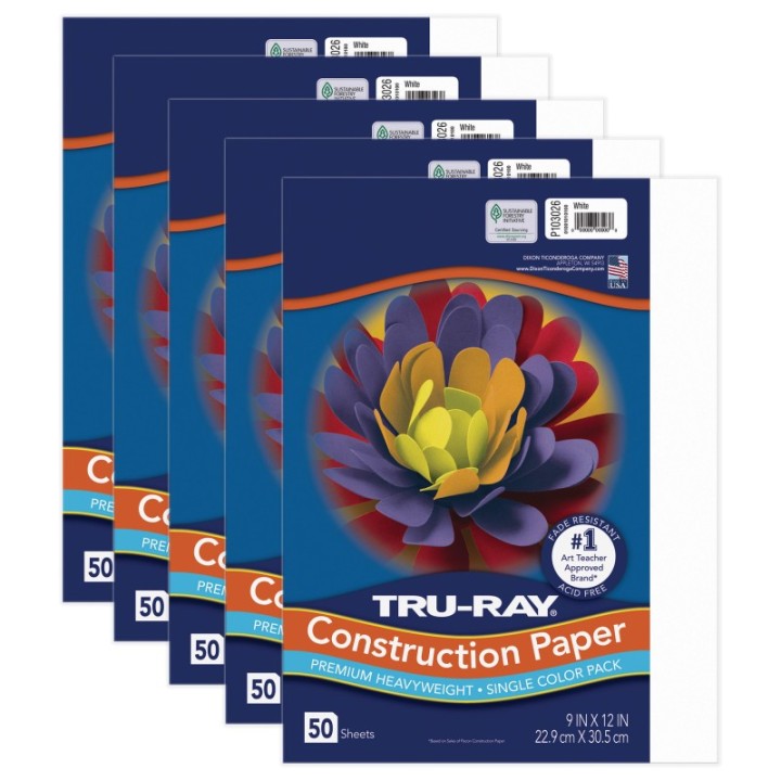 Tru-Ray® Construction Paper, Heavyweight, White, 9" x 12", 50 Sheets Per Pack, 5 Packs