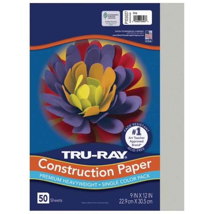 Tru-Ray® Construction Paper, Heavyweight, Gray, 9" x 12", 50 Sheets