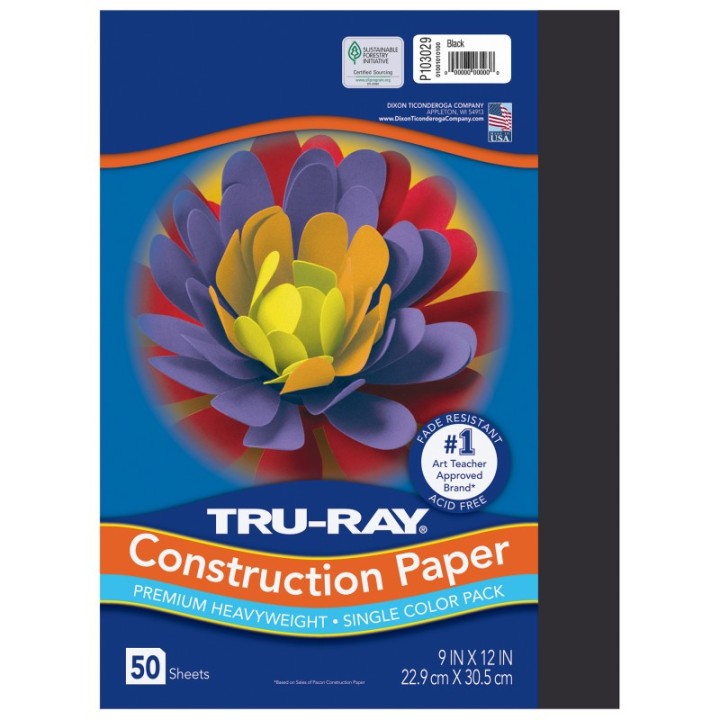 Tru-Ray® Construction Paper, Heavyweight, Black, 9" x 12", 50 Sheets