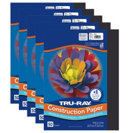 Tru-Ray® Construction Paper, Heavyweight, Black, 9" x 12", 50 Sheets Per Pack, 5 Packs