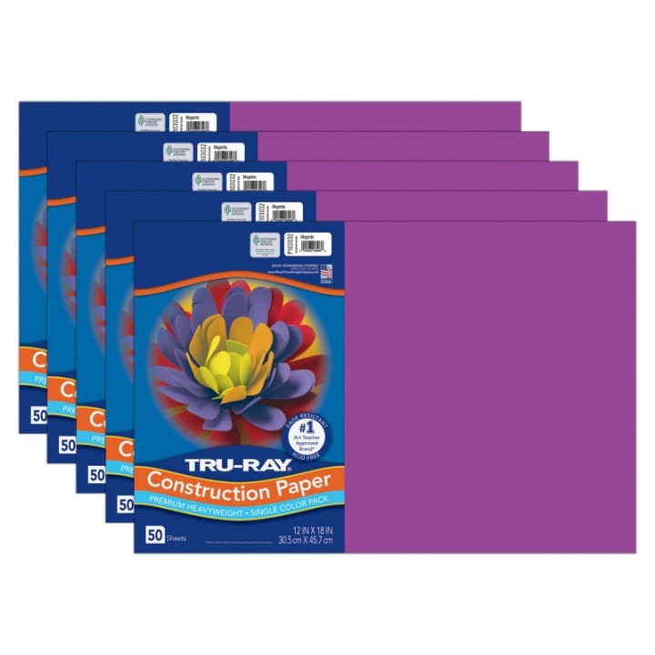 Tru-Ray® Construction Paper, Heavyweight, Magenta, 12" x 18", 50 Sheets Per Pack, 5 Packs