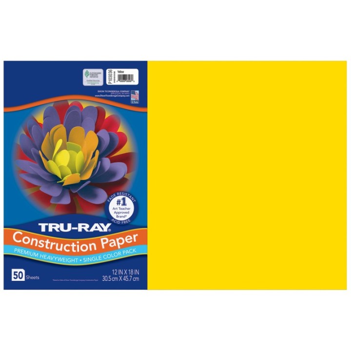Tru-Ray® Construction Paper, Heavyweight, Yellow, 12" x 18", 50 Sheets