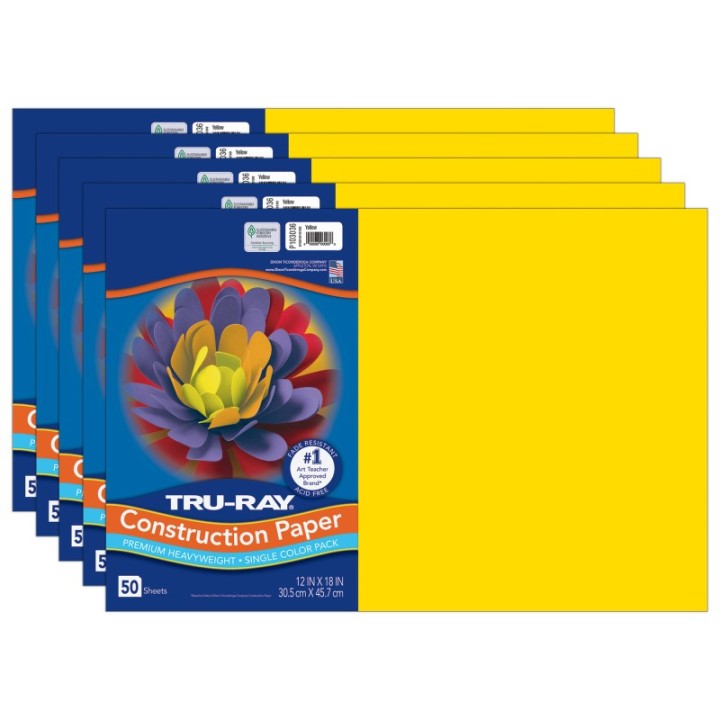 Tru-Ray® Construction Paper, Heavyweight, Yellow, 12" x 18", 50 Sheets Per Pack, 5 Packs