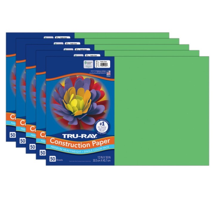 Tru-Ray® Construction Paper, Heavyweight, Festive Green, 12" x 18", 50 Sheets Per Pack, 5 Packs