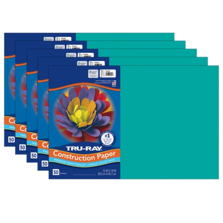 Tru-Ray® Construction Paper, Heavyweight, Turquoise, 12" x 18", 50 Sheets Per Pack, 5 Packs