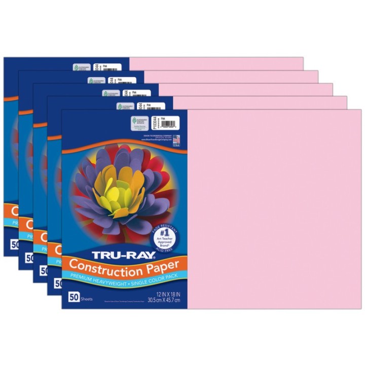 Tru-Ray® Construction Paper, Heavyweight, Pink, 12" x 18", 50 Sheets Per Pack, 5 Packs