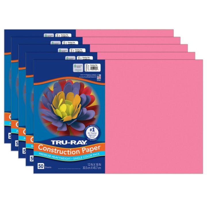 Tru-Ray® Construction Paper, Heavyweight, Shocking Pink, 12" x 18", 50 Sheets Per Pack, 5 Packs