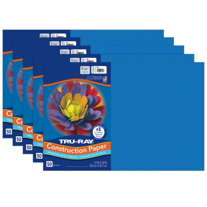 Tru-Ray® Construction Paper, Heavyweight, Blue, 12" x 18", 50 Sheets Per Pack, 5 Packs