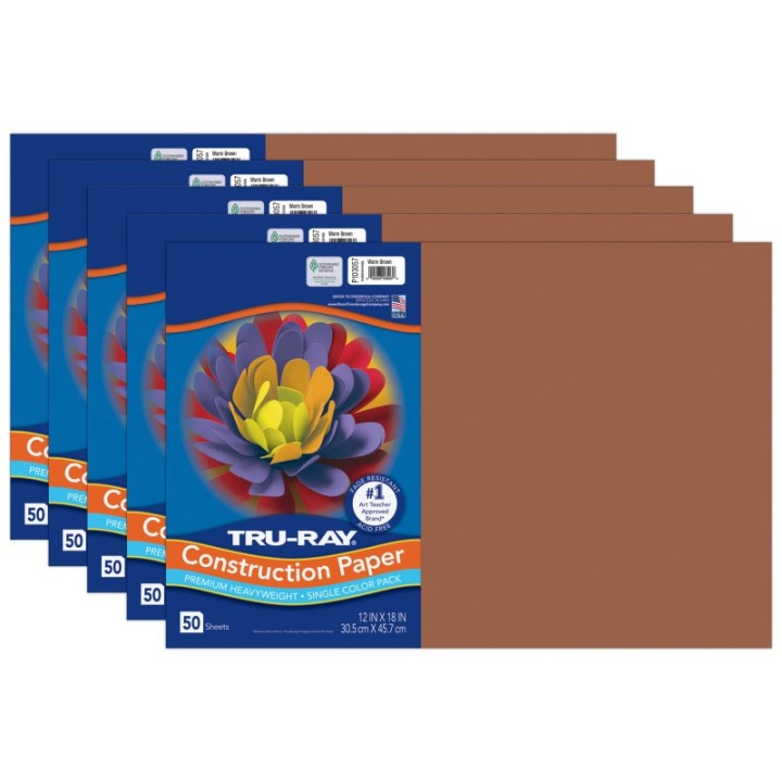 Tru-Ray® Construction Paper, Heavyweight, Warm Brown, 12" x 18", 50 Sheets Per Pack, 5 Packs