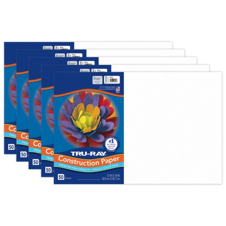 Tru-Ray® Construction Paper, Heavyweight, White, 12" x 18", 50 Sheets Per Pack, 5 Packs