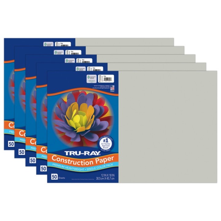 Tru-Ray® Construction Paper, Heavyweight, Gray, 12" x 18", 50 Sheets Per Pack, 5 Packs