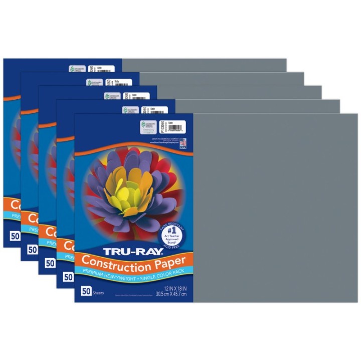 Tru-Ray® Construction Paper, Heavyweight, Slate, 12" x 18", 50 Sheets Per Pack, 5 Packs