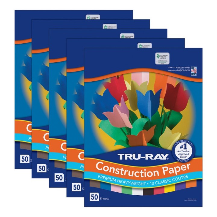 Tru-Ray® Construction Paper, Heavyweight, 10 Classic Colors Assorted, 12" x 18", 50 Sheets Per Pack, 5 Packs