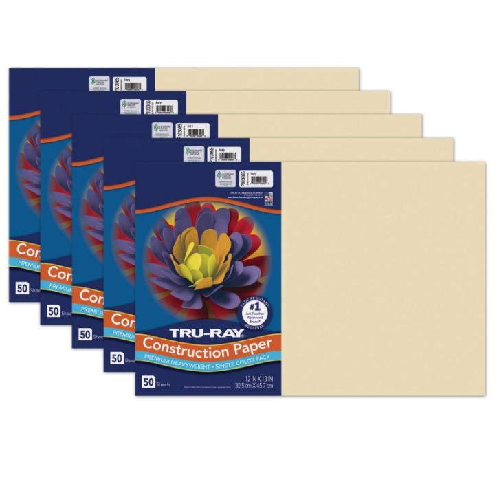 Tru-Ray® Construction Paper, Heavyweight, Ivory, 12" x 18", 50 Sheets Per Pack, 5 Packs