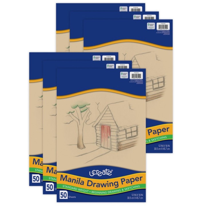 UCreate® Drawing Paper, Manila, Standard Weight, 12" x 18", 50 Sheets Per Pack, 6 Packs
