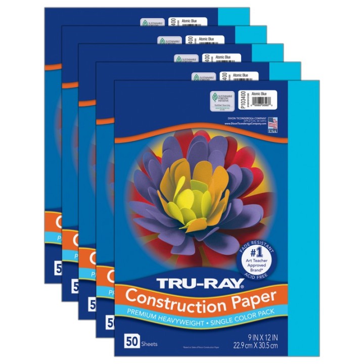 Tru-Ray® Construction Paper, Heavyweight, Atomic Blue, 9" x 12", 50 Sheets Per Pack, 5 Packs