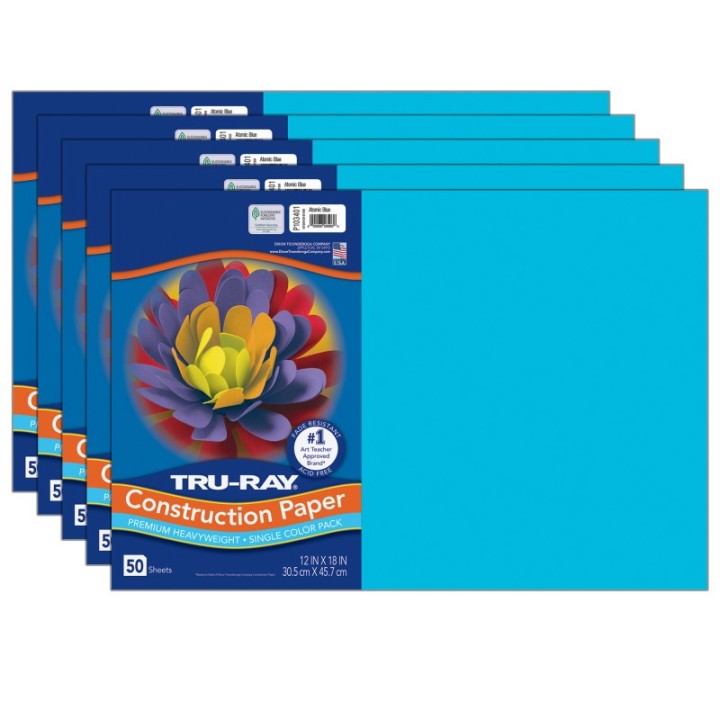 Tru-Ray® Construction Paper, Heavyweight, Atomic Blue, 12" x 18", 50 Sheets Per Pack, 5 Packs