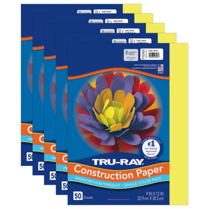 Tru-Ray® Construction Paper, Heavyweight, Lively Lemon, 9" x 12", 50 Sheets Per Pack, 5 Packs