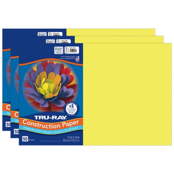 Tru-Ray® Construction Paper, Heavyweight, Lively Lemon, 12" x 18", 50 Sheets Per Pack, 3 Packs