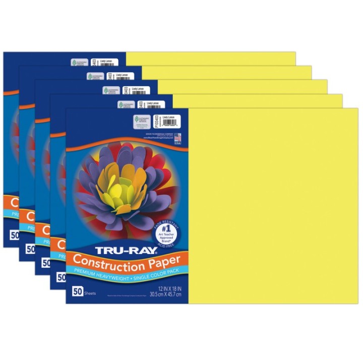 Tru-Ray® Construction Paper, Heavyweight, Lively Lemon, 12" x 18", 50 Sheets Per Pack, 5 Packs