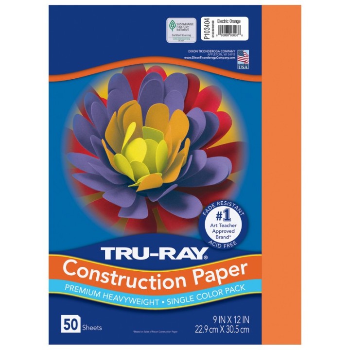 Tru-Ray® Construction Paper, Heavyweight, Electric Orange, 9" x 12", 50 Sheets