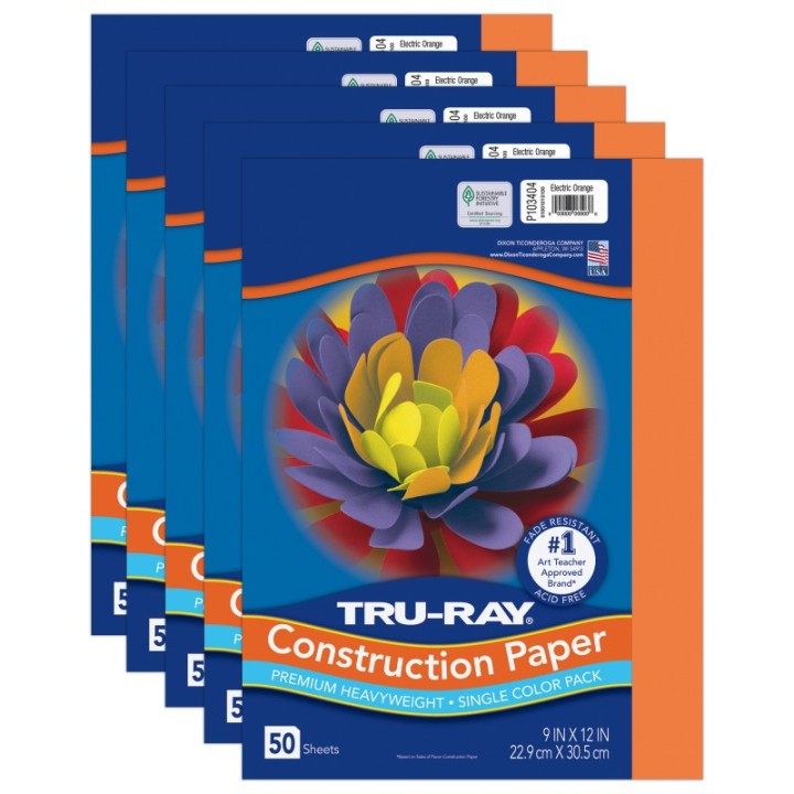 Tru-Ray® Construction Paper, Heavyweight, Electric Orange, 9" x 12", 50 Sheets Per Pack, 5 Packs