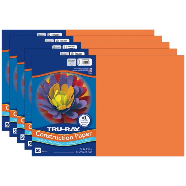 Tru-Ray® Construction Paper, Heavyweight, Electric Orange, 12" x 18", 50 Sheets Per Pack, 5 Packs