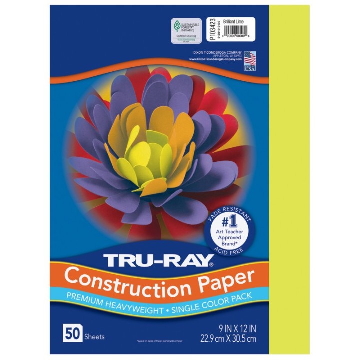 Tru-Ray® Construction Paper, Heavyweight, Brilliant Lime, 9" x 12", 50 Sheets