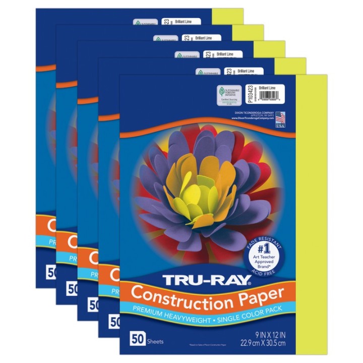 Tru-Ray® Construction Paper, Heavyweight, Brilliant Lime, 9" x 12", 50 Sheets Per Pack, 5 Packs