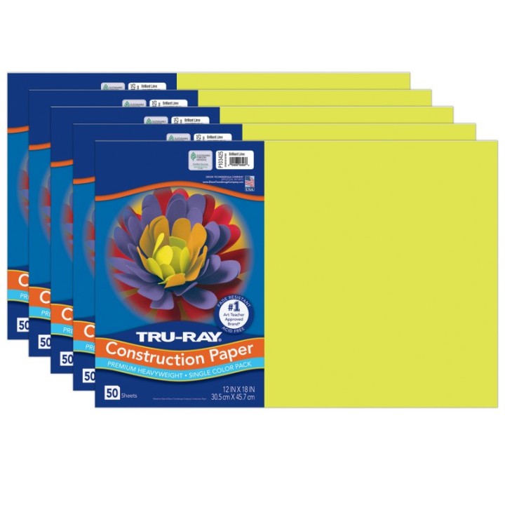 Tru-Ray® Construction Paper, Heavyweight, Brilliant Lime, 12" x 18", 50 Sheets Per Pack, 5 Packs