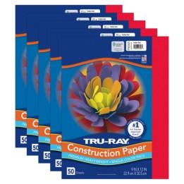 Tru-Ray® Construction Paper, Heavyweight, Red, 9" x 12", 50 Sheets Per Pack, 5 Packs