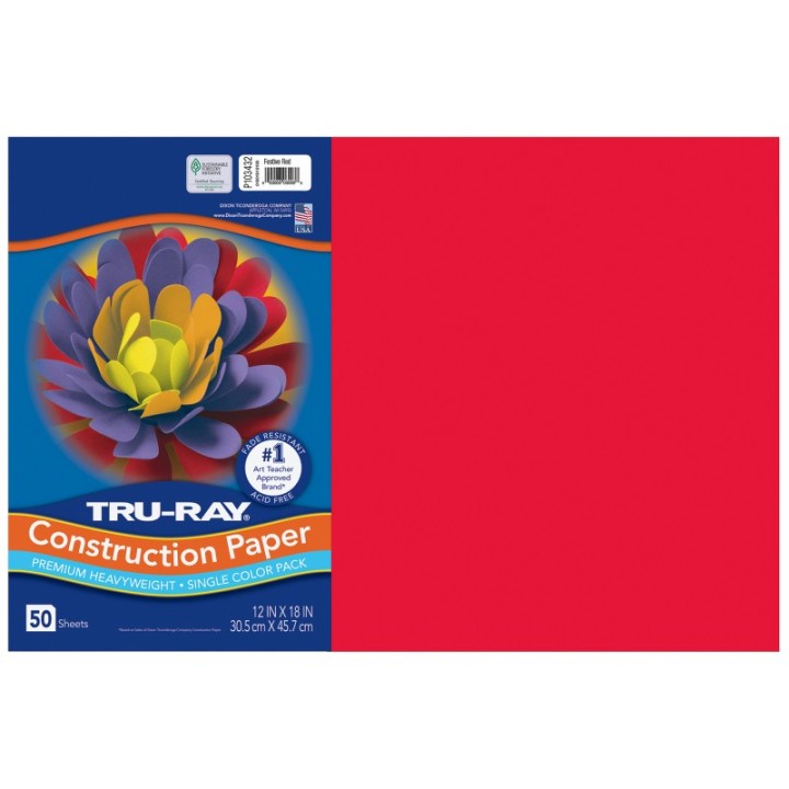 Tru-Ray® Construction Paper, Heavyweight, Festive Red, 12" x 18", 50 Sheets