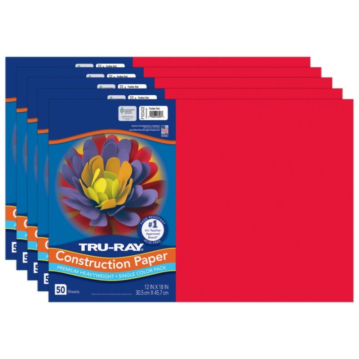 Tru-Ray® Construction Paper, Heavyweight, Festive Red, 12" x 18", 50 Sheets Per Pack, 5 Packs