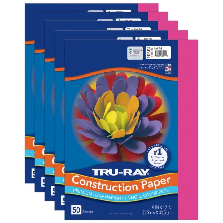 Tru-Ray® Construction Paper, Heavyweight, Dark Pink, 9" x 12", 50 Sheets Per Pack, 5 Packs
