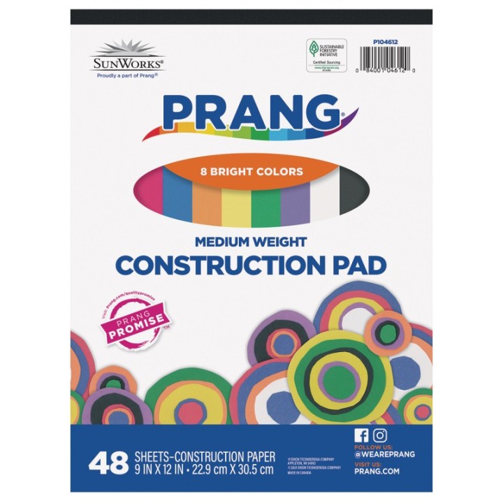 Prang® Construction Paper Pad, Medium Weight, 8 Assorted Colors, 9" x 12", 48 Sheets