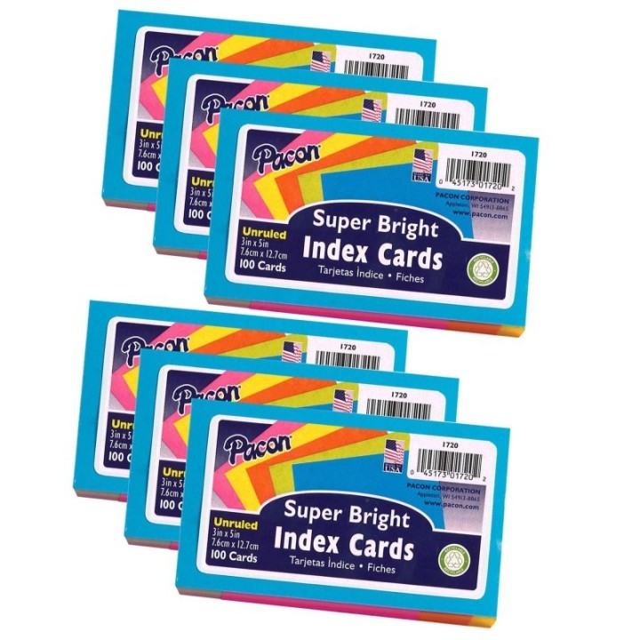 Pacon® Index Cards, 5 Super Bright Assorted Colors, Unruled, 3" x 5", 100 Cards Per Pack, 6 Packs