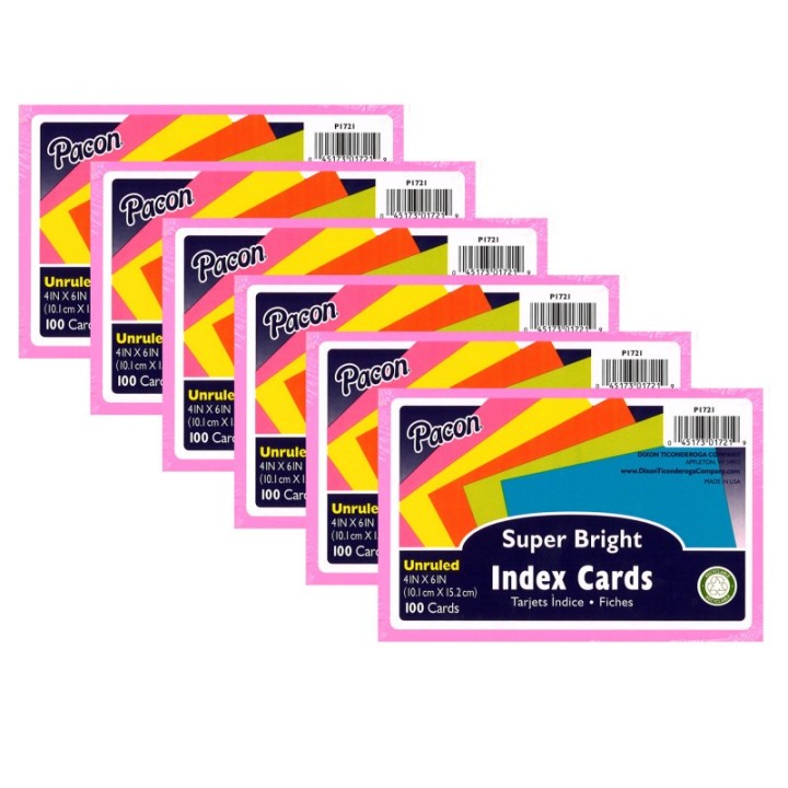 Pacon® Index Cards, 5 Super Bright Assorted Colors, Unruled, 4" x 6", 100 Cards Per Pack, 6 Packs