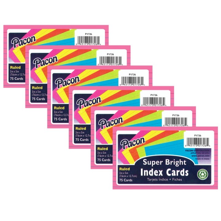 Pacon® Index Cards, 5 Super Bright Assorted Colors, 0.25" Ruled, 3" x 5", 75 Cards Per Pack, 6 Packs