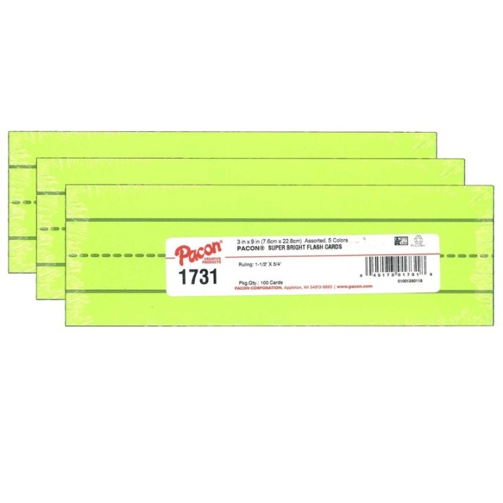 Pacon® Super Bright Flash Cards, 5 Assorted Colors, 1.5" x 0.75" Ruled 3" x 9", 100 Cards Per Pack, 3 Packs