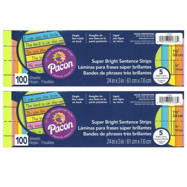 Pacon® Sentence Strips, Assorted 5 Colors, 1-1/2" Ruled 3" x 24", 100 Strips Per Pack, 2 Packs
