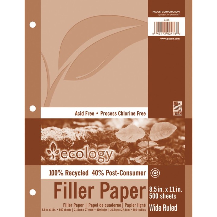Ecology® Recycled Filler Paper, White, 3-Hole Punched, 3/8" Ruled w/ Margin 8-1/2" x 11", 500 Sheets