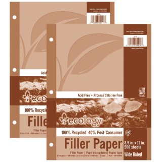 Ecology® Recycled Filler Paper, White, 3-Hole Punched, 3/8" Ruled w/ Margin 8-1/2" x 11", 500 Sheets Per Pack, 2 Packs