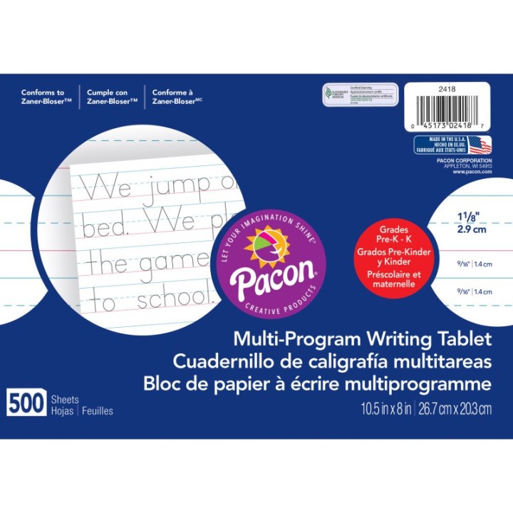 Pacon® Multi-Program Handwriting Paper, 1-1/8" Ruled (Long Way), White, 10-1/2" x 8", 500 Sheets
