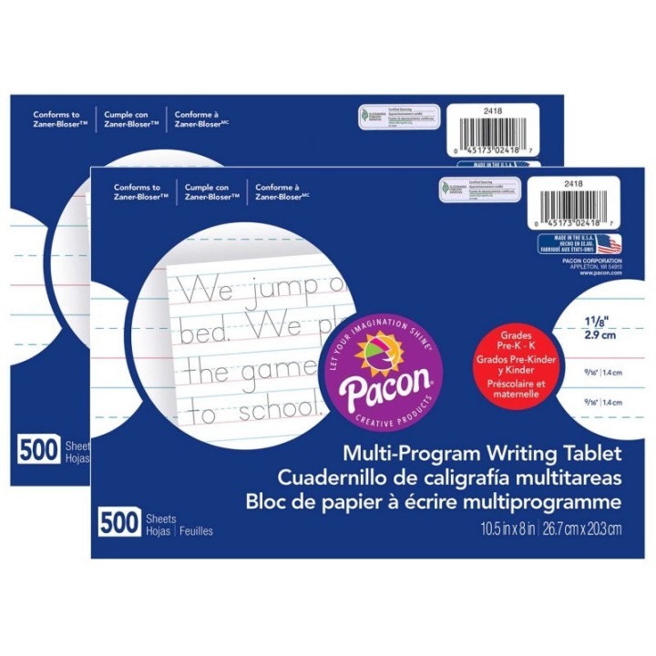 Pacon® Multi-Program Handwriting Paper, 1-1/8" Ruled (Long Way), White, 10-1/2" x 8", 500 Sheets Per Pack, 2 Packs