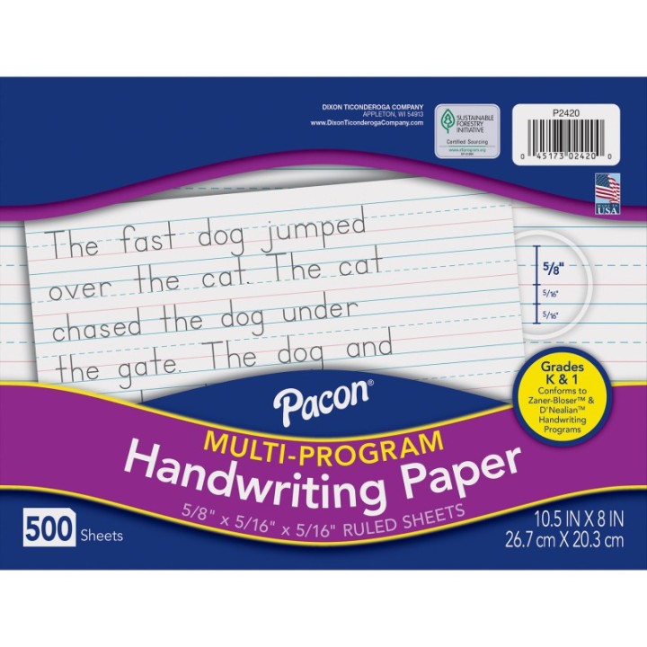 Pacon® Multi-Program Handwriting Paper, 5/8" Ruled (Long Way), White, 10-1/2" x 8", 500 Sheets