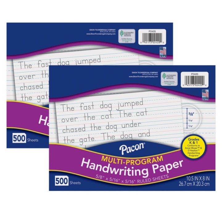 Pacon® Multi-Program Handwriting Paper, 5/8" Ruled (Long Way), White, 10-1/2" x 8", 500 Sheets Per Pack, 2 Packs