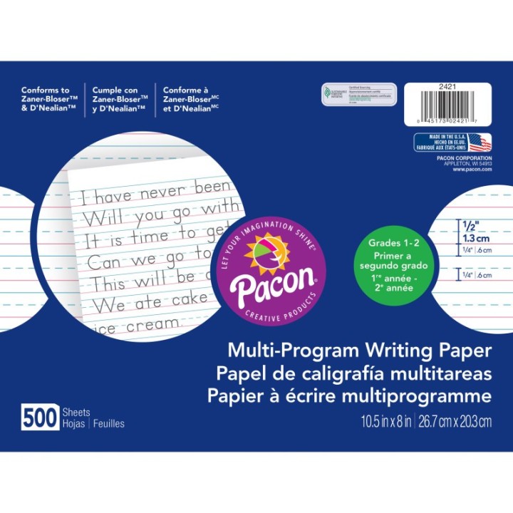 Pacon® Multi-Program Handwriting Paper, 1/2" Ruled (Long Way), White, 10-1/2" x 8", 500 Sheets